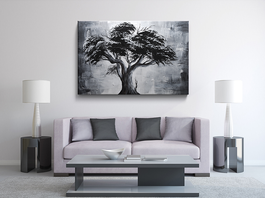Černobílý jednodílný ručně malovaný obraz strom abstrakce