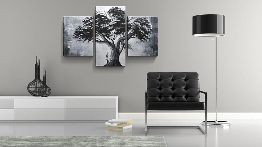 Vícedílný černobílý ručně malovaný obraz strom