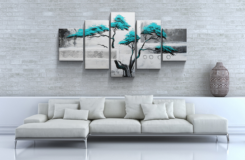 Vícedílný ručně malovaný obraz strom tyrkys
