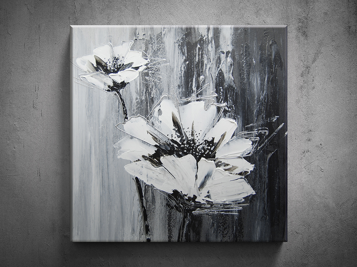 Ručně malovaný obraz černobílé květiny