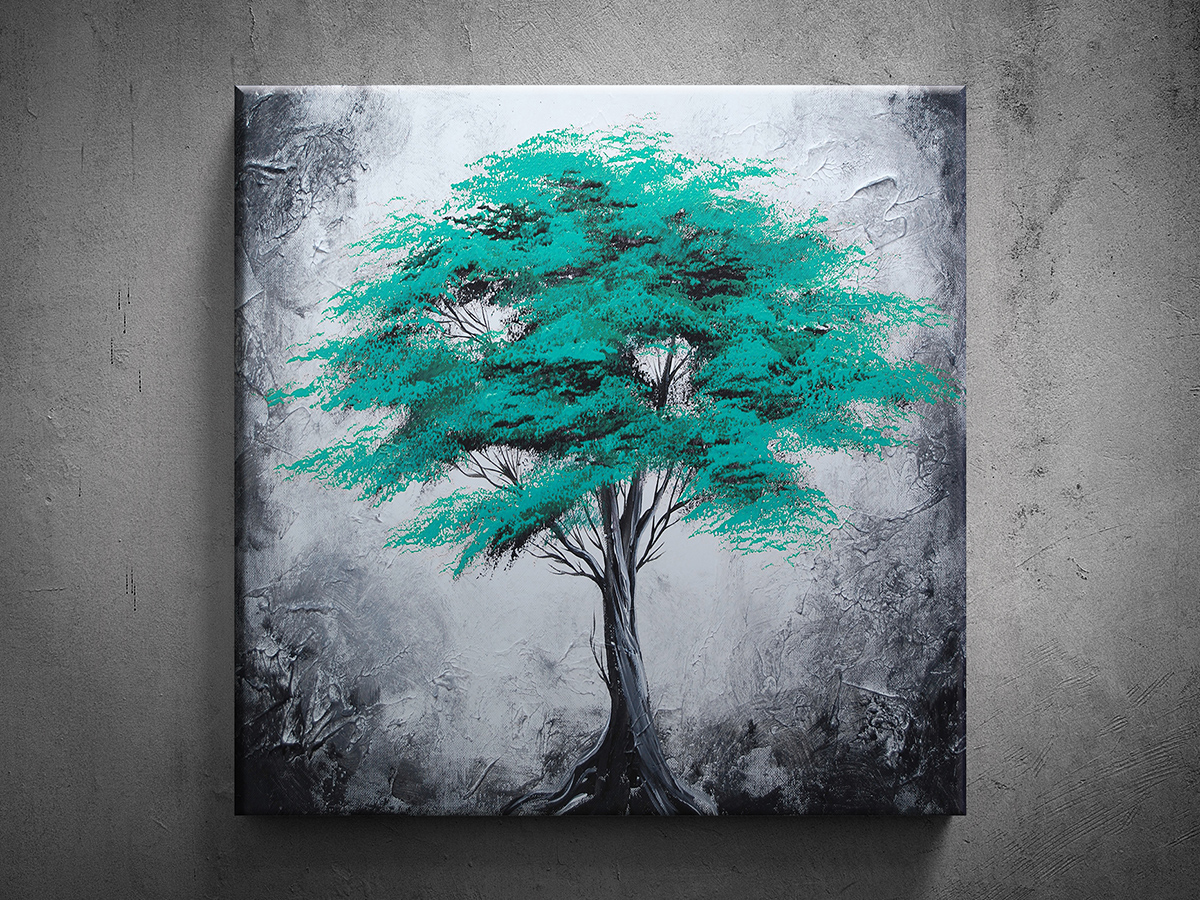 Ručně malovaný obraz strom tyrkys