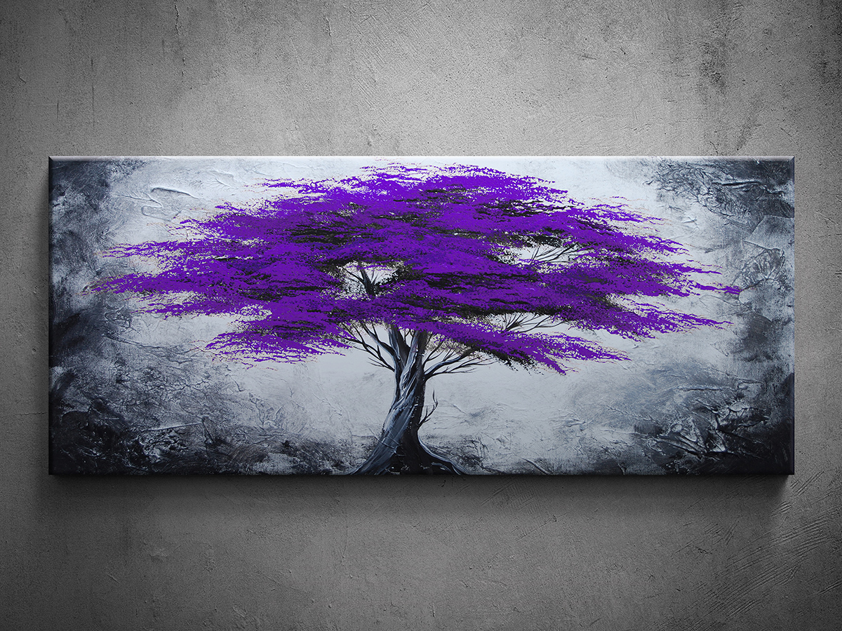 Ručně malovaný obraz panorama fialový strom