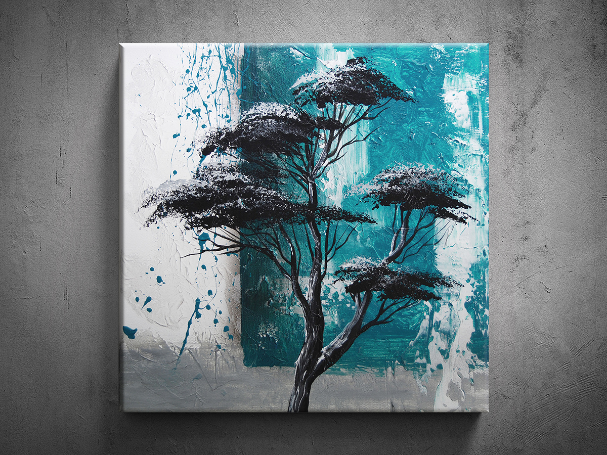 Ručně malovaný obraz abstrakce strom tyrkys