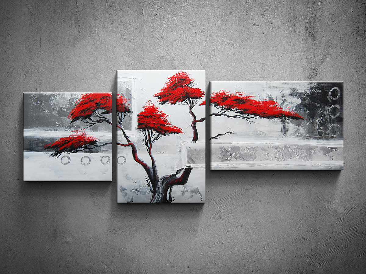 Ručně malovaný obraz vícedílný strom červený