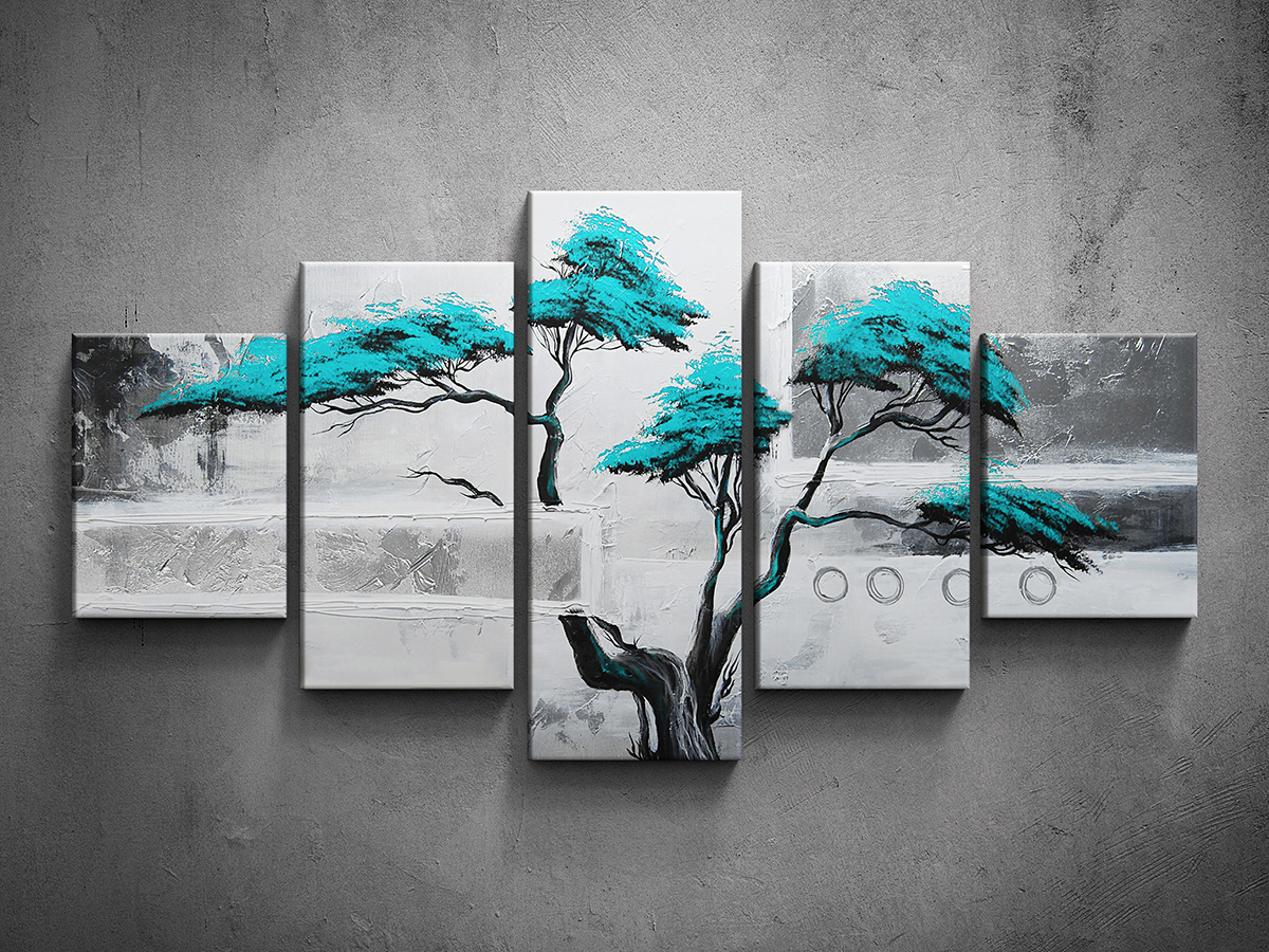 Ručně malovaný obraz vícedílný strom tyrkys