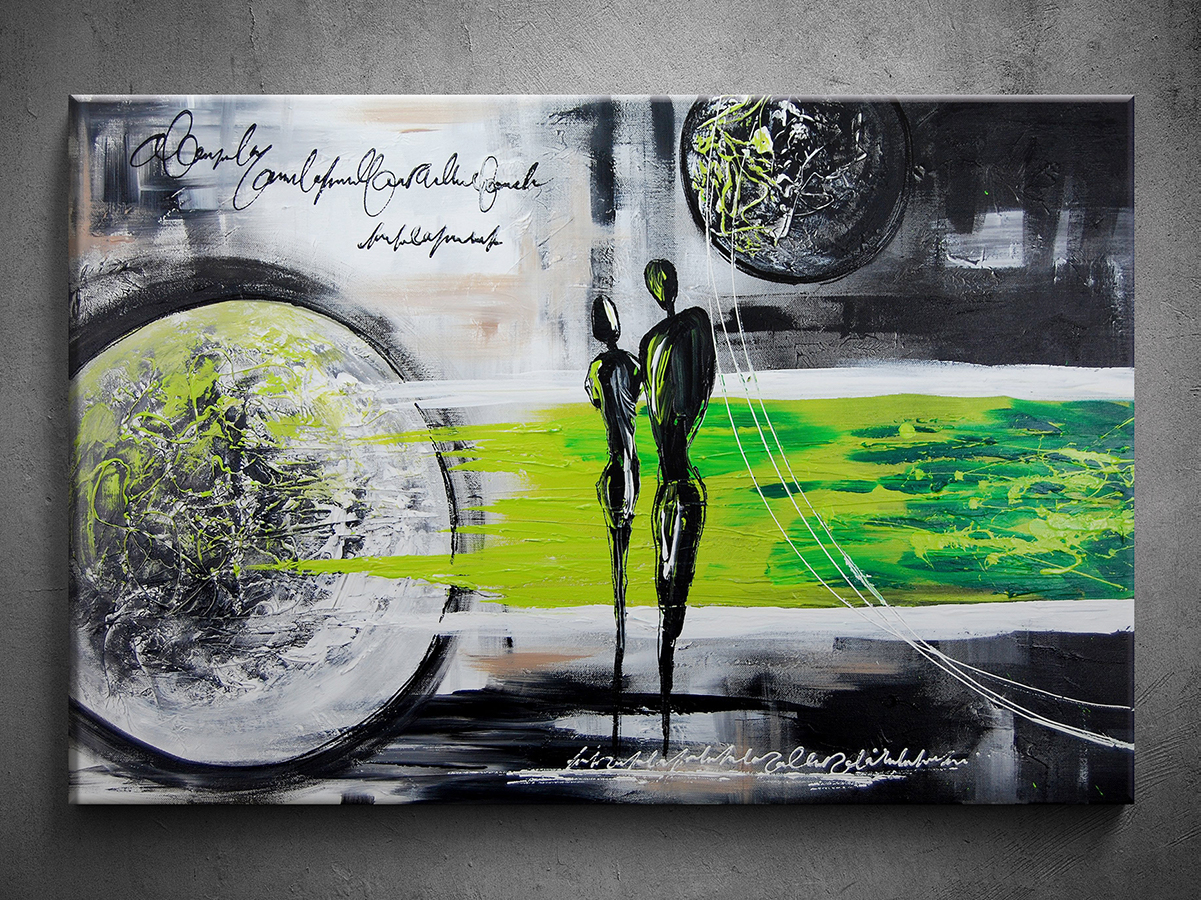 Abstraktní ručně malovaný obraz zelená dvojice